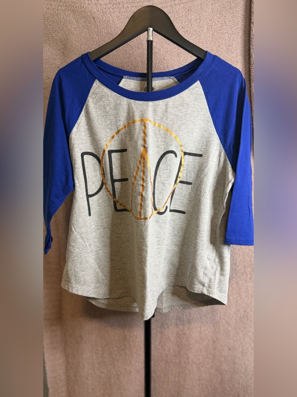 Route 66 Peace Sign Graphic Raglan Baseball Tee XL Blue Gray 3/4 Sleeve